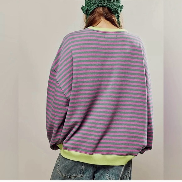 ▪️NWT Free People Oversized Classic Striped Pullover Sweatshirt Pink Combo - Picture 5 of 7
